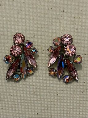 Signed Sherman Pink Crystal Cluster Clip Earrings